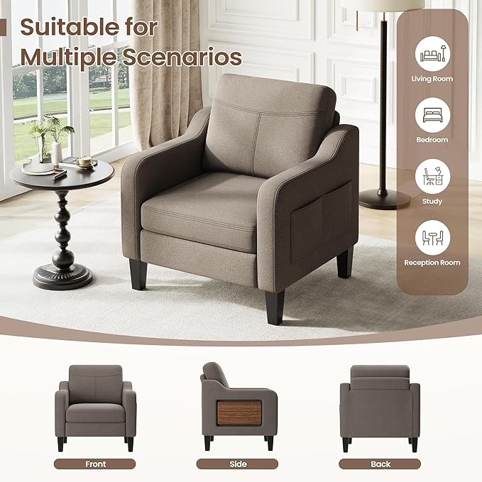 Accent Chair for Living Room Modern Linen Upholstered Armchair Side Wooden - Image 4