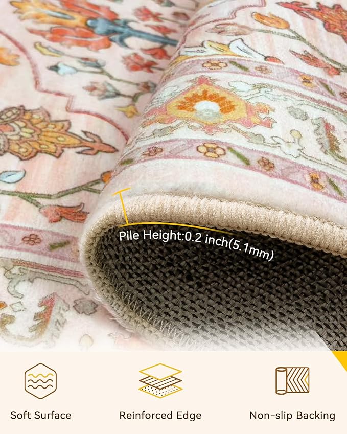 RELEANY Area Rugs Square 8ft Washable Non-Slip, Floral Vintage Distress Print - Image 3