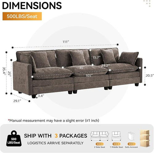 111'' Sectional Cloud Deep Seat Couch, Modern Comfy Chenille Modular Sectional - Image 2