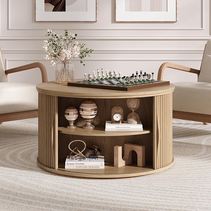 JOINICE 31.5" Round Lift Top Coffee Table, Natural Oak Modern Fluted Drum - Image 6
