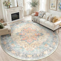 RELEANY Area Rugs Round 8ft Washable Non-Slip, Floral Vintage Distress Print by RELEANY