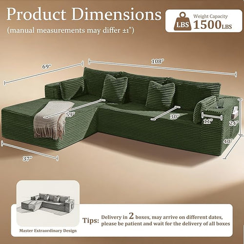 108" Cloud Sectional Couch, Comfort L Shaped Boneless Couch - Image 2