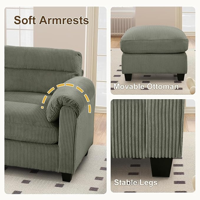 HAOMARKETS Corduroy 2-Piece Sofa Set, Upholstered Ottoman and 3-Seater Sofa - Image 4