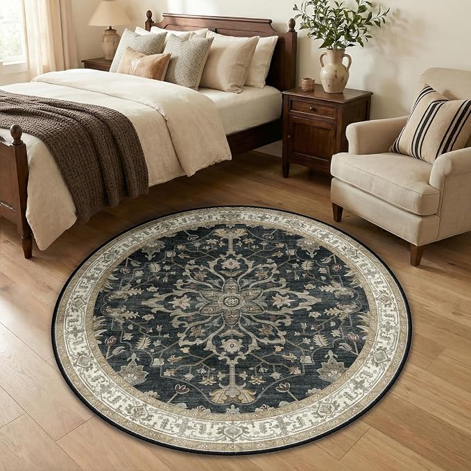 RELEANY Area Rugs Round 4ft Washable Non-Slip, Floral Vintage Distress Print - Image 2