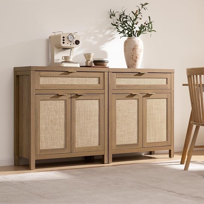 SICOTAS Sideboard Buffet Cabinet Set of 2, Rattan Credenza Storage Cabinet - Image 4