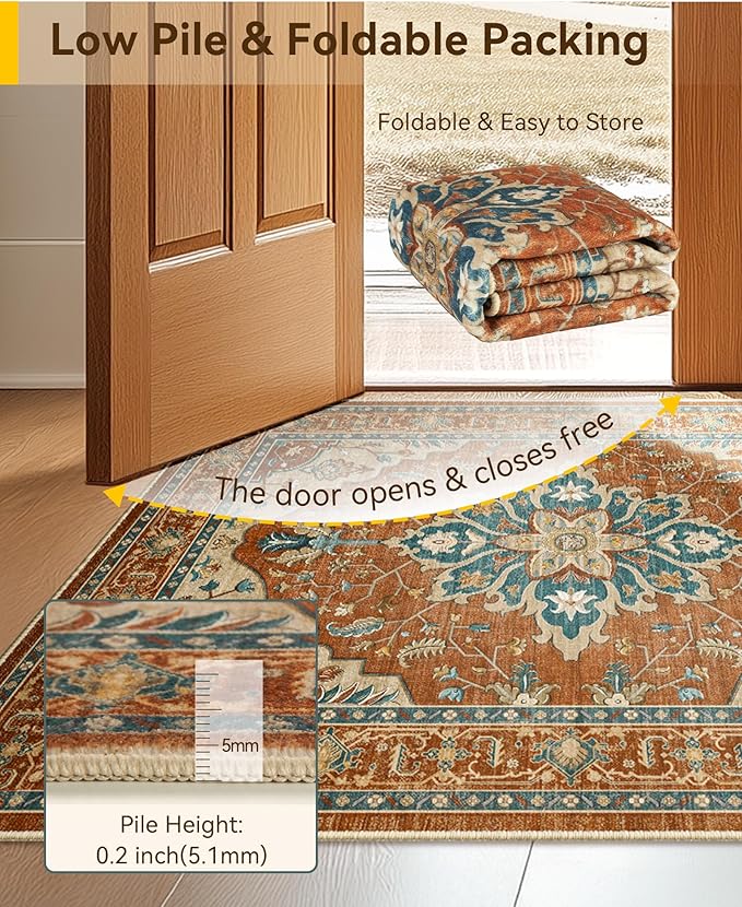 RELEANY Area Rugs Square 8ft Washable Non-Slip, Floral Vintage Distress Print - Image 4