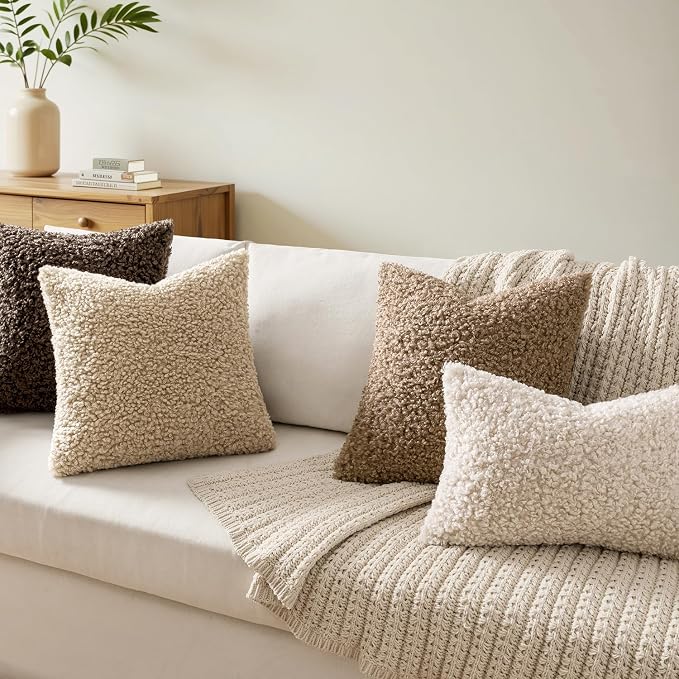 Faux Fur Throw Pillow Covers 20x12 Inch Set of 2 Boucle Neutral Decorative - Image 2