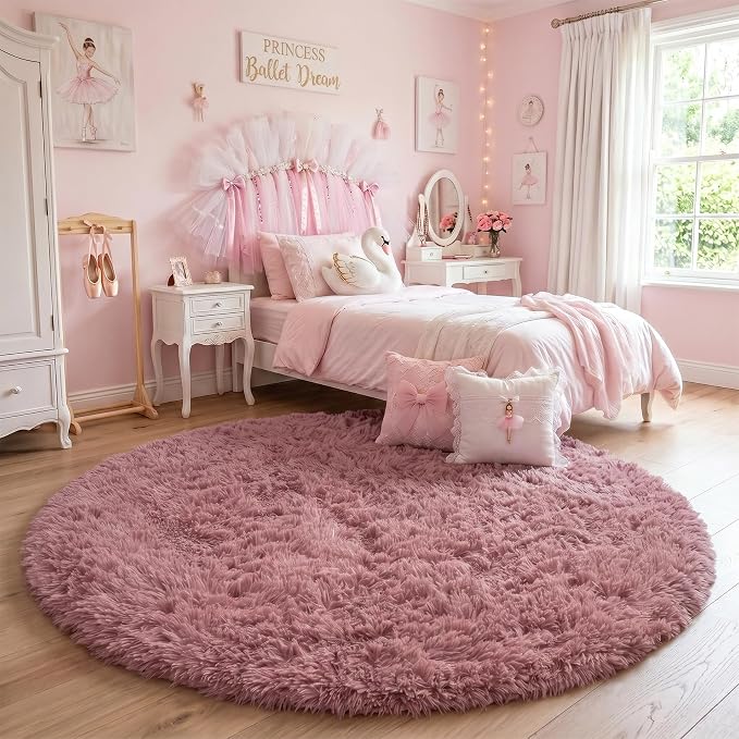 Blush Pink Small Round Rug 3Ft for Kids Bedroom, Fluffy Fuzzy Furry Circle Area - Image 8