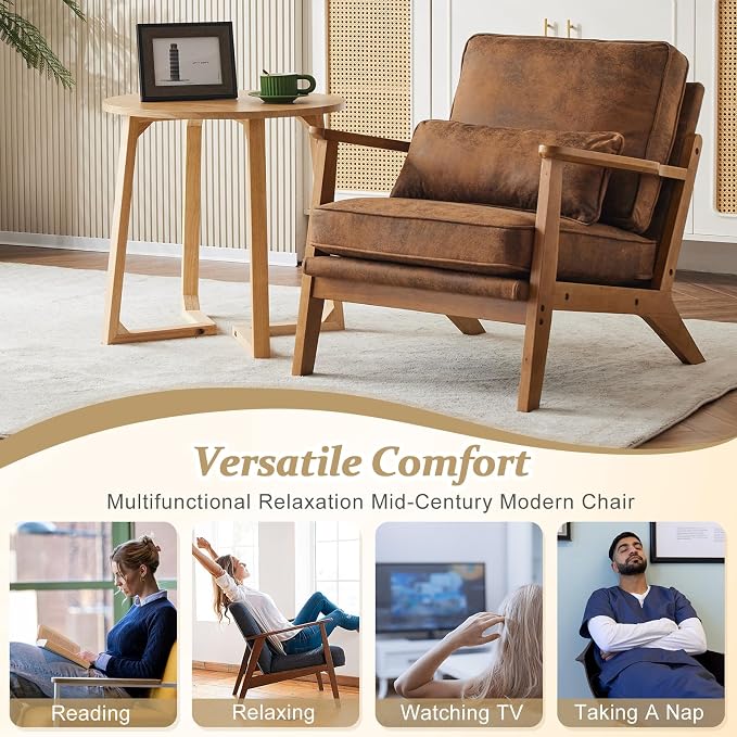 VINGLI Solid Wood Wide Armrests Accent Chair, Upholstered Mid Century Modern - Image 7