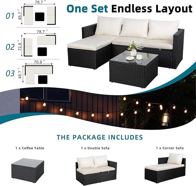 SUNLEI 3 Piece Patio Furniture Set, Outdoor PE Rattan Sectional Sofa Set - Image 4