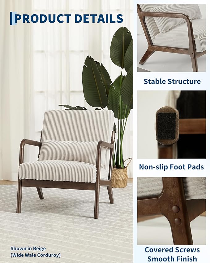 Garvee Mid-Century Modern Accent Chair, Wide-Wale Corduroy Upholstery, Solid - Image 4