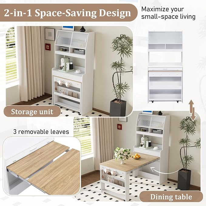 Spaco 2-in-1 Folding Dining Table and Buffet Cabinet Set, Compact Pull-Out - Image 4