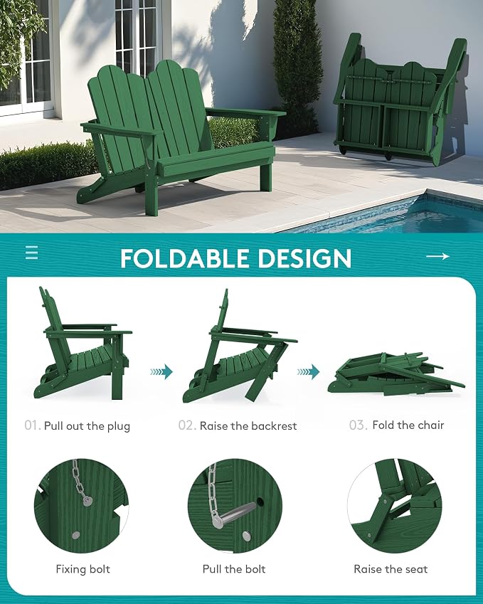 SERWALL Folding Adirondack Bench, HDPE All-Weather Adirondack Loveseat Set of 2 - Image 4