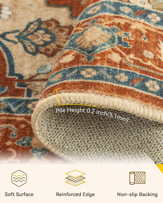 RELEANY Area Rugs Round 4ft Washable Non-Slip, Floral Vintage Distress Print - Image 4