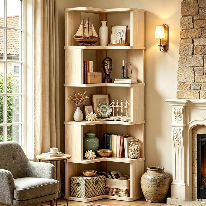 Tall Corner Bookshelf, 6 Tier Corner Book Shelf Etagere Bookcase by ALKSDNQ
