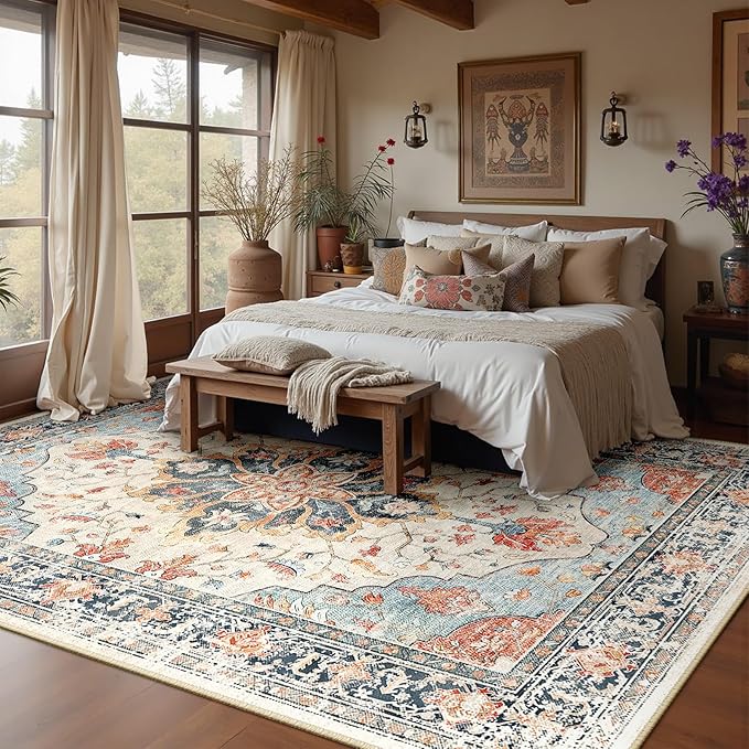 RELEANY Area Rugs 8'x10' Washable Non-Slip, Floral Vintage Distress Print - Image 3