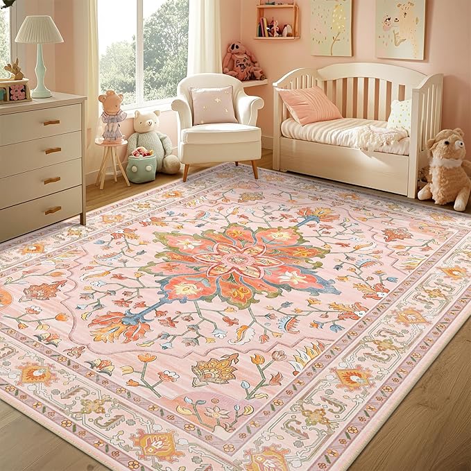 RELEANY Area Rugs 8'x10' Washable Non-Slip, Floral Vintage Distress Print - Image 3