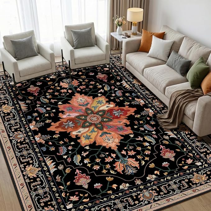 RELEANY Area Rugs 5'x7' Washable Non-Slip, Floral Vintage Distress Print by RELEANY