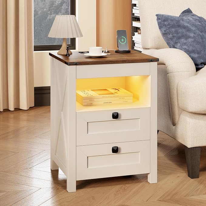 HWB LED Nightstand with Gun Drawer: Bedside Table with Charging Station by HWBEnjoywarmhome