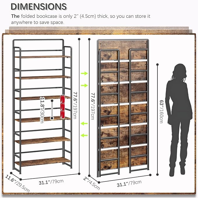 4NM No Assembly Extra Wide 6 Tiers Folding Bookshelf Storage Shelves Vintage - Image 2