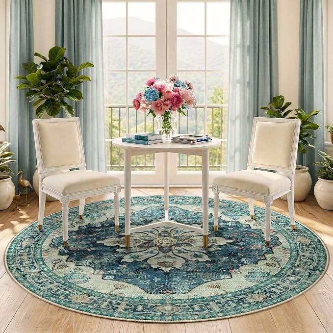 RELEANY Area Rugs Round 5ft Washable Non-Slip, Floral Vintage Distress Print - Image 2