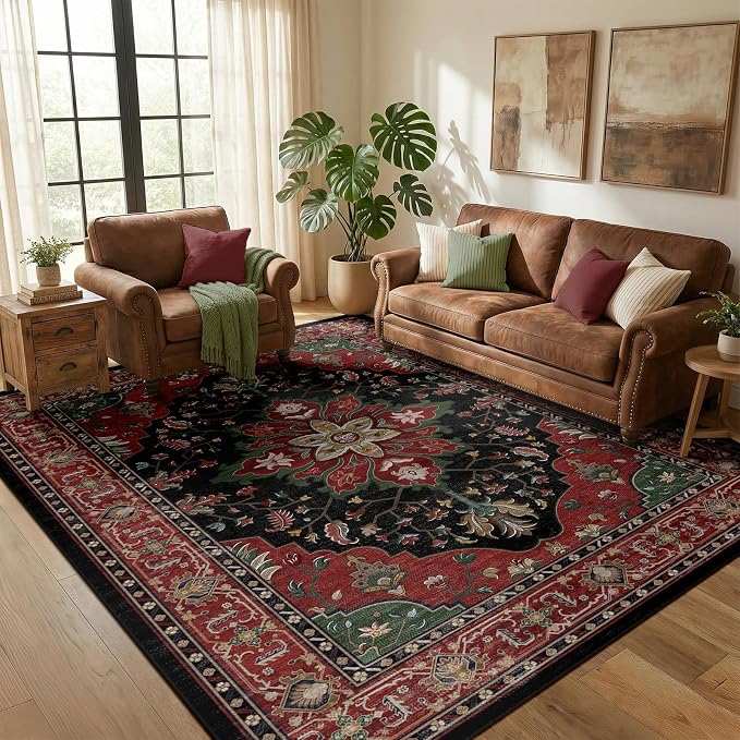 RELEANY Area Rugs 5'x7' Washable Non-Slip, Floral Vintage Distress Print by RELEANY