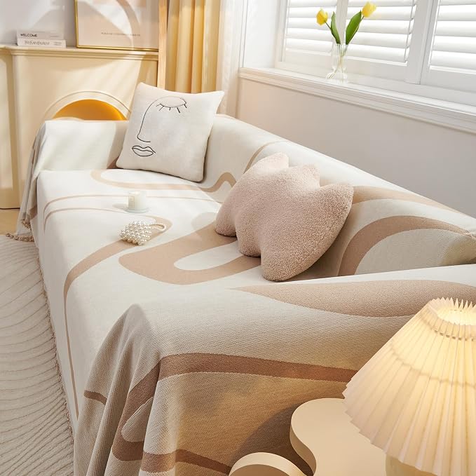 VClife Soft Chenille Couch Cover Modern Khaki Tan Beige Stripe Sofa Slipcover - Image 9