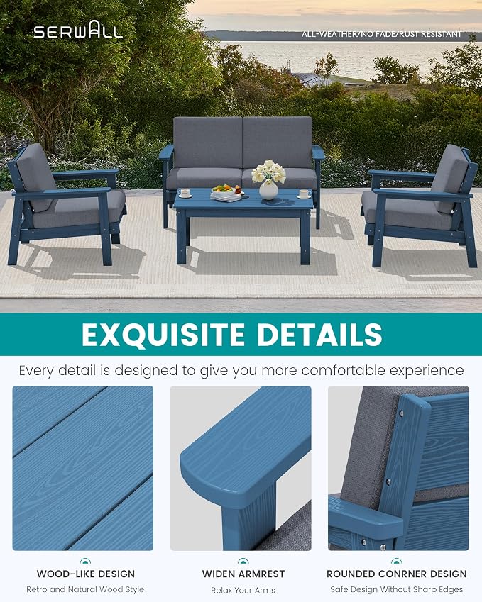 SERWALL 4 Piece HDPE Outdoor Furniture Set, All Weather Wood-Like Outdoor Sofa - Image 4