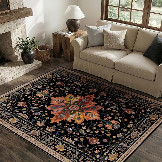 RELEANY Area Rugs 4'x6' Washable Non-Slip, Floral Vintage Distress Print by RELEANY