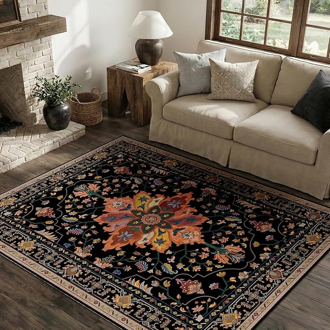 RELEANY Area Rugs 4'x5' Washable Non-Slip, Floral Vintage Distress Print - Image 3