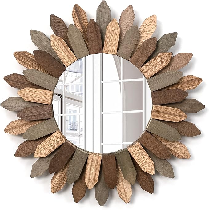 Emfogo Wall Mirror 12 inch Rustic Wood Sunburst Boho Mirror Farmhouse Wall by Emfogo