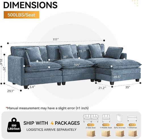 111'' Sectional Cloud Deep Seat Couch, Modern Comfy Chenille L Shaped Sectional - Image 2