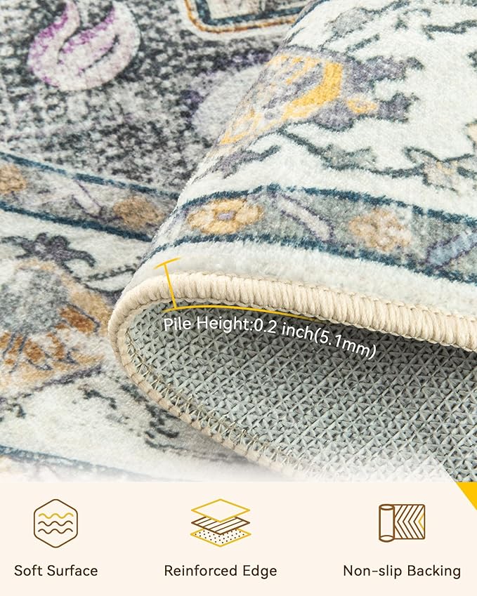 RELEANY Area Rugs Round 7ft Washable Non-Slip, Floral Vintage Distress Print - Image 3