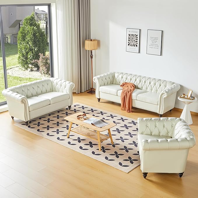 Chesterfield 3 Seater Sofa, Modern Leather Tufted Couch 3 Seater - Image 3