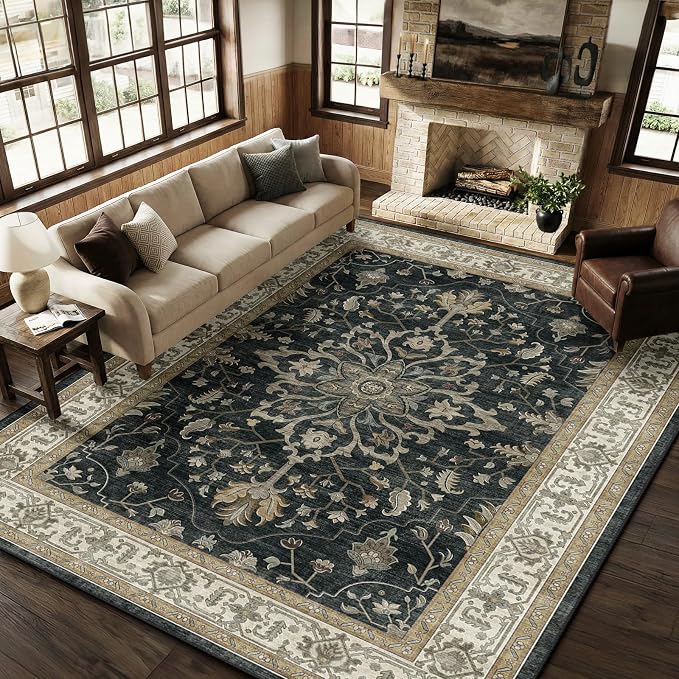 RELEANY Area Rugs 8'x10' Washable Non-Slip, Floral Vintage Distress Print by RELEANY