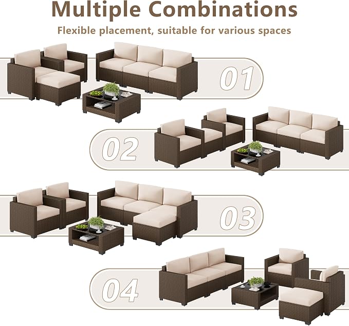 LOUVIXA 7 Piece Outdoor Patio Furniture Set, Rattan Chairs Glass Table Wicker - Image 4