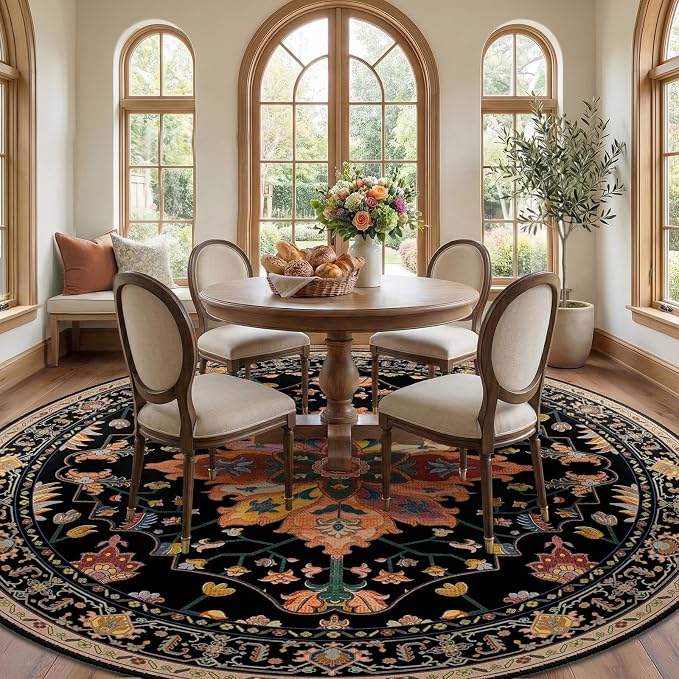 RELEANY Area Rugs Round 8ft Washable Non-Slip, Floral Vintage Distress Print - Image 2