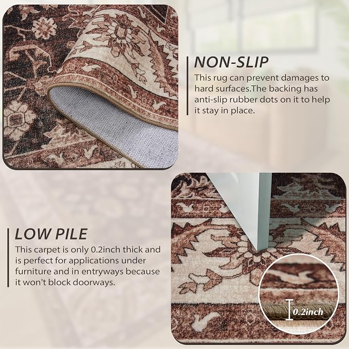Area Rug for Living Room, 8x10 Area Rugs Washable, Retro Floral Non-Slip Carpet - Image 2