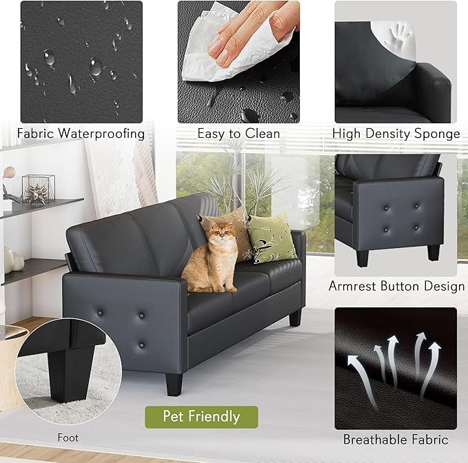 STHOUYN Black Faux Leather 3 Seater Sofa and Accent Chair Set of 2, Modern - Image 4