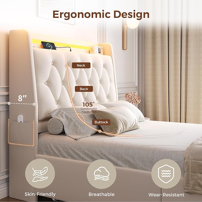 Twin LED Velvet Bed Frame with 2 Storage Drawers&Hidden Headboard, Upholstered - Image 5