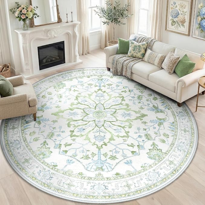 RELEANY Area Rugs Round 8ft Washable Non-Slip, Floral Vintage Distress Print by RELEANY