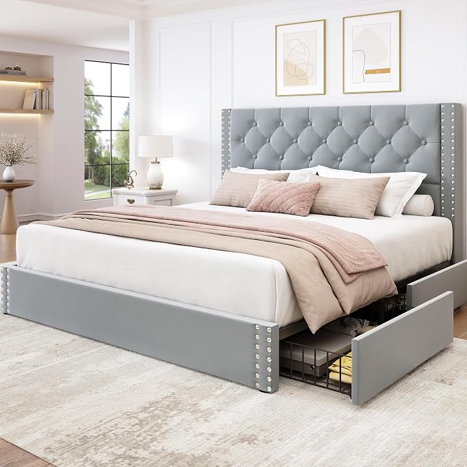 LARMACE Queen Size Bed Frame Upholstered Platform Bed by LARMACE