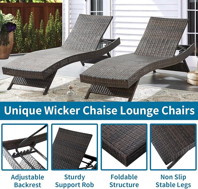 79'' Long Reclining Chaise Lounge + Side Table Set of 2, Outdoor Wicker - Image 3