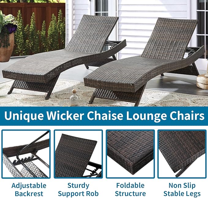 Outdoor Chaise Lounge Chairs + Coffee Tables Set of 6 - Image 3