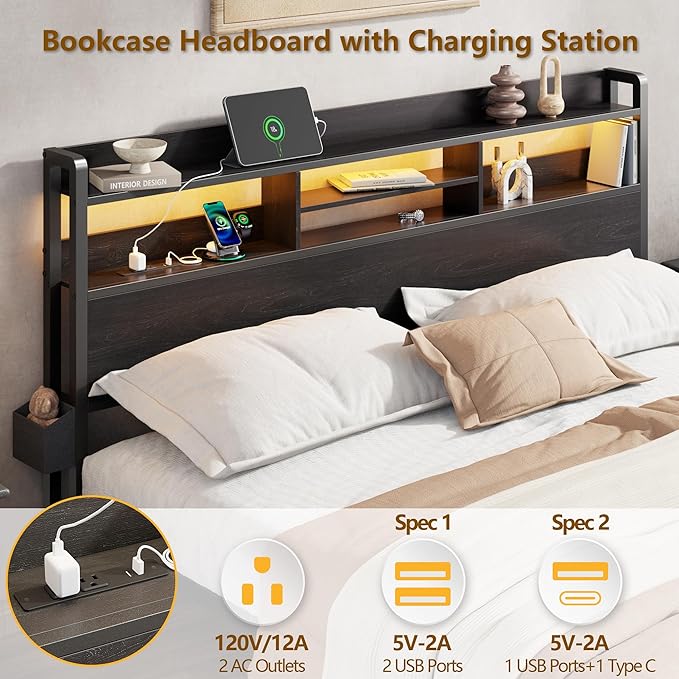 Furnulem King Bed Frame with Wood Headboard & Storage Drawers, Metal Platform - Image 3