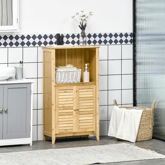HOMCOM Bamboo Floor Cabinet Bathroom Floor Cabinet Living Room Organizer Tower - Image 2
