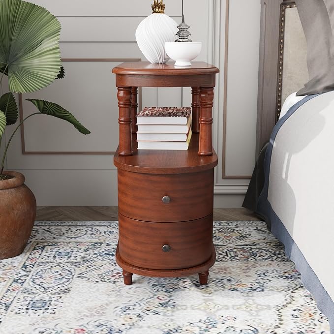 Slim End Table with 2 Storage Drawers, Retro Vintage Sofa Beside Table - Image 3