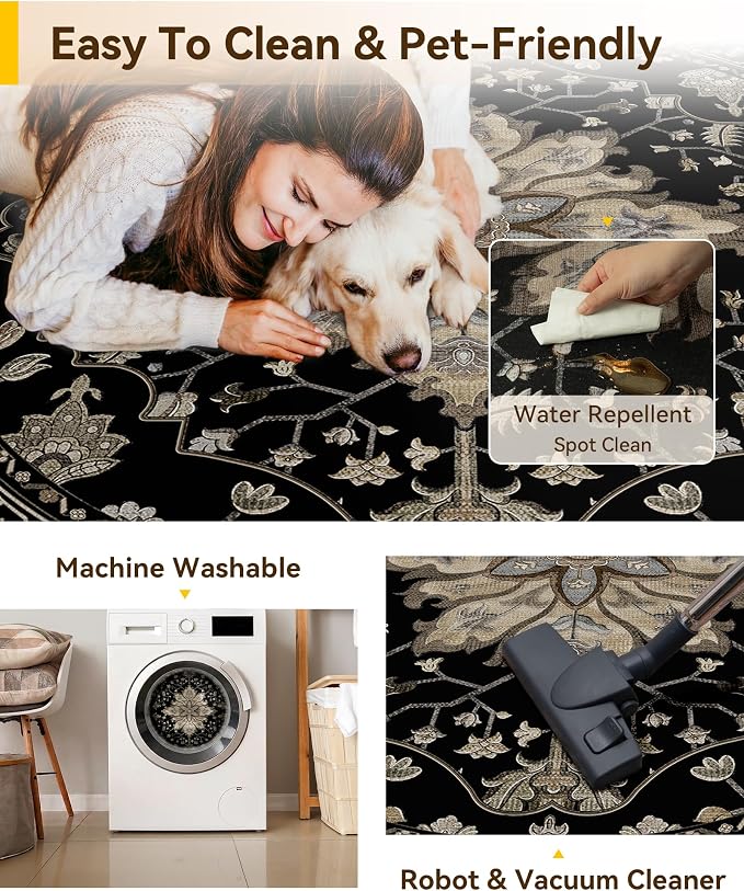 RELEANY Area Rugs Round 7ft Washable Non-Slip, Floral Vintage Distress Print - Image 4