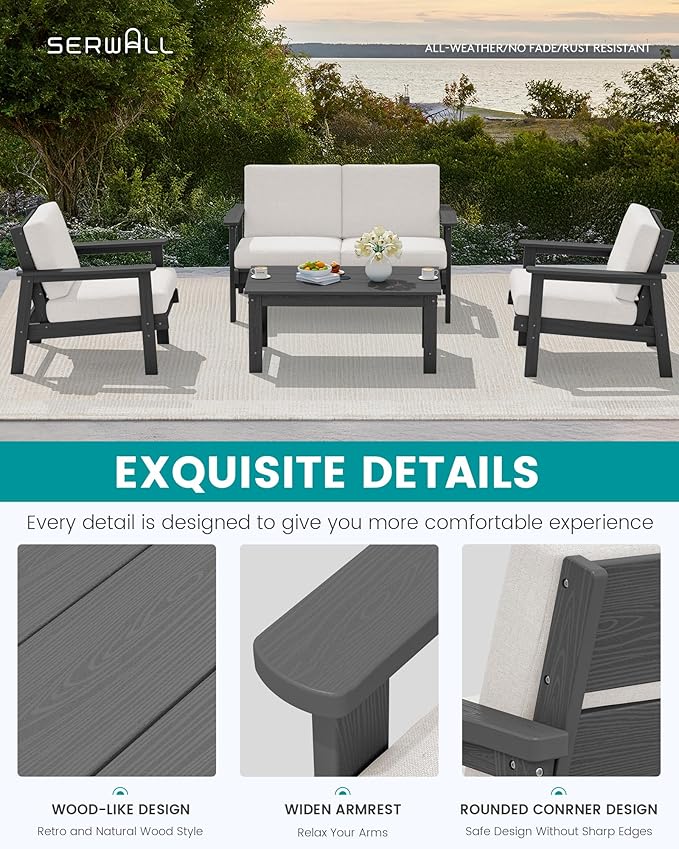 SERWALL HDPE Outdoor Furniture Set 4, All Weather Wood-Like Outdoor Sofa - Image 6