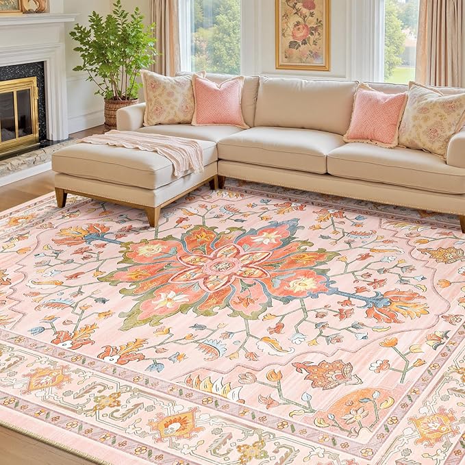 RELEANY Area Rugs 7'x10' Washable Non-Slip, Floral Vintage Distress Print by RELEANY